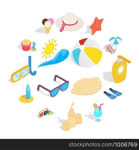 Beach icons set in isometric 3d style. Summer holiday elements set collection vector illustration. Beach icons set, isometric 3d style