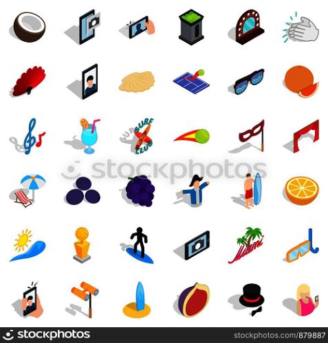 Beach icons set. Isometric style of 36 beach vector icons for web isolated on white background. Beach icons set, isometric style