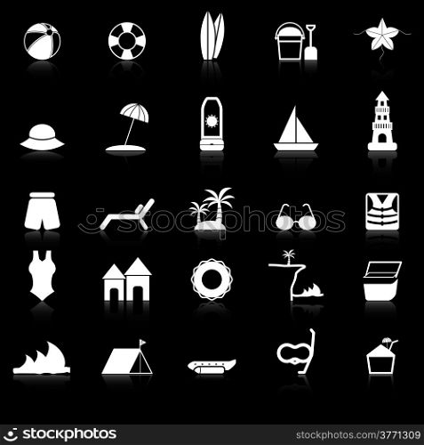 Beach icons with reflect on black background, stock vector