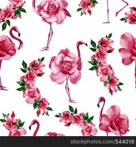 Beach image exotic wallpaper with a beautiful tropic pink flamingo and rose flowers. Seamless vector pattern composition on white background