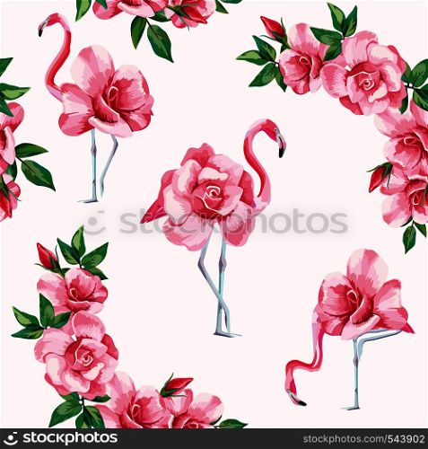 Beach image of a wallpaper with a beautiful tropic pink flamingo and rose flowers. Seamless vector composition on white background