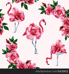 Beach image of a wallpaper with a beautiful tropic pink flamingo and rose flowers. Seamless vector composition on white background