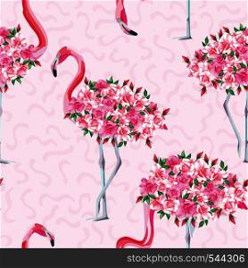 Beach image of a wallpaper with a beautiful tropic pink flamingo body of roses flowers. Seamless vector composition on pink abstract background