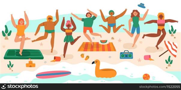 Beach jumping people. Young happy characters summer vacation activities, laughing teenagers group jump, having fun at beach vector illustration. Activity jump, young in swimsuit, people laughing. Beach jumping people. Young happy characters summer vacation activities, laughing teenagers group jump, having fun at beach vector illustration