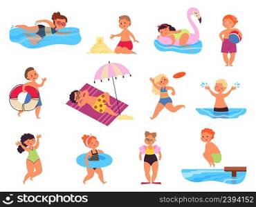 Beach kids. Child resort, summer sea activity. Cartoon children playing with sand and water, swimming and relaxed. Boys girls wear swimsuits, decent vector set. Illustration of beach vacation. Beach kids. Child resort, summer sea activity. Cartoon children playing with sand and water, swimming and relaxed. Boys girls wear swimsuits, decent vector set
