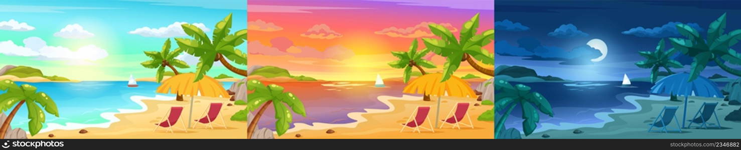 Beach landscape at night, tropical island sunset scene. Summer holiday vacation, sunny summertime seascape with palms vector illustration. Seascape with deck chairs and umbrella for rest. Beach landscape at night, tropical island sunset scene. Summer holiday vacation, sunny summertime seascape with palms vector illustration