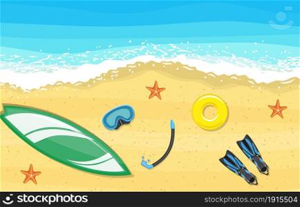 beach landscape with surf boards scene background of sand near the sea surf with starfish, top view. Vector illustration in flat style. beach landscape with surf boards scene