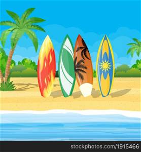 beach landscape with surf boards scene. Set of surfboards on a on tropical background. Vector illustration in flat style. beach landscape with surf boards scene