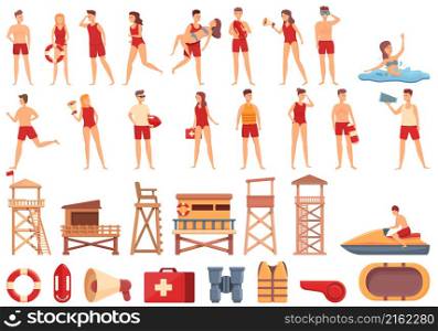 Beach lifeguard icons set cartoon vector. Swim sea. Man water life. Beach lifeguard icons set cartoon vector. Swim sea