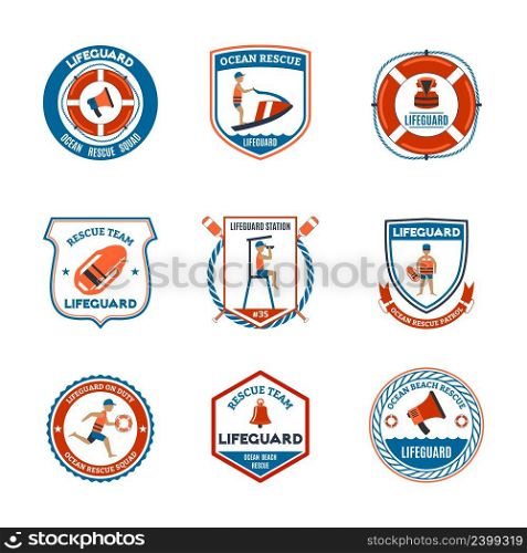 Beach lifeguard patrol emblems set with ocean rescue symbols flat isolated vector illustration . Lifeguard Emblems Set