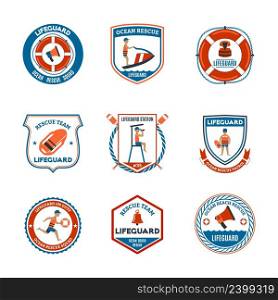 Beach lifeguard patrol emblems set with ocean rescue symbols flat isolated vector illustration . Lifeguard Emblems Set