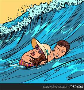 beach lifeguard rescues drowning woman. Pop art retro vector illustration drawing. beach lifeguard rescues drowning woman