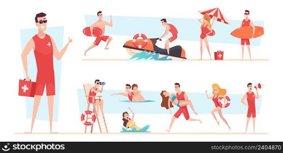 Beach lifeguards. Kids spend good safety time on the summer beach sea or ocean recreation works exact vector lifeguard characters. Illustration lifeguard safety and security saver on beach. Beach lifeguards. Kids spend good safety time on the summer beach sea or ocean recreation works exact vector lifeguard characters