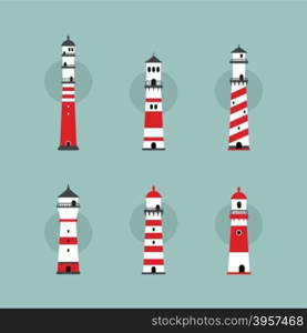 beach lighthouse set. beach lighthouse seashore view vector art illustration