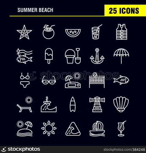 Beach Line Icon Pack For Designers And Developers. Icons Of Fish, Sea, Star, Starfish, Coconut, Fruit, Tropical, Beach, Vector