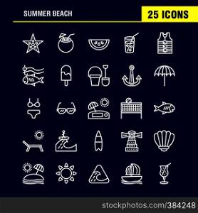 Beach Line Icon Pack For Designers And Developers. Icons Of Fish, Sea, Star, Starfish, Coconut, Fruit, Tropical, Beach, Vector