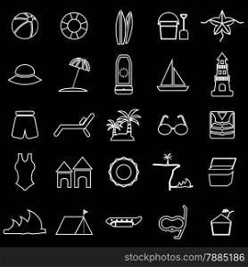 Beach line icons on black background, stock vector