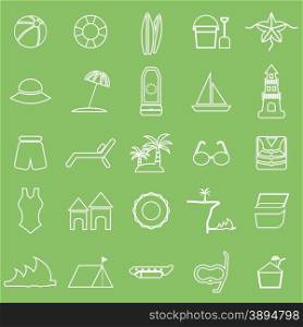 Beach line icons on green background, stock vector