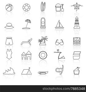 Beach line icons with reflect on white background, stock vector