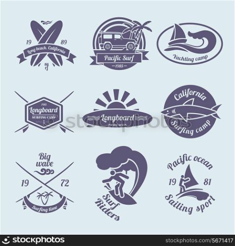 Beach longboard surfing summer yachting labels black set isolated vector illustration
