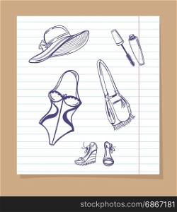 Beach look sketch icons. Hand drawn beach look with swimwear, sunhat, waterproof mascara. Vector ballpoint pen illustration on notebook page background