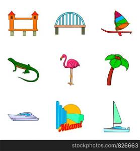 Beach of america icons set. Cartoon set of 9 beach of america vector icons for web isolated on white background. Beach of america icons set, cartoon style