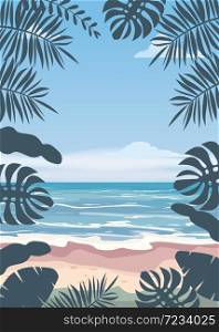Beach palm trees. Vector illustration. Template baner poster tourism trip vacation. Beach palm trees. Vector illustration. Template baner poster tourism trip vacation warm country seashore ocean water wave coast hot sun holiday relax summer palms exotic floral. Vector isolated