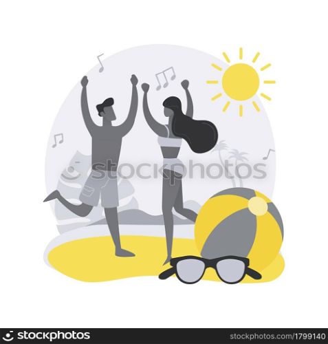Beach party abstract concept vector illustration. Sand dance floor, beach party invite, open air, summer event, all inclusive, cocktails on sunset, vacation, girls in sweamsuit abstract metaphor.. Beach party abstract concept vector illustration.