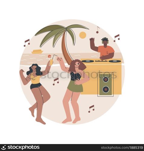 Beach party abstract concept vector illustration. Sand dance floor, beach party invite, open air, summer event, all inclusive, cocktails on sunset, vacation, girls in sweamsuit abstract metaphor.. Beach party abstract concept vector illustration.