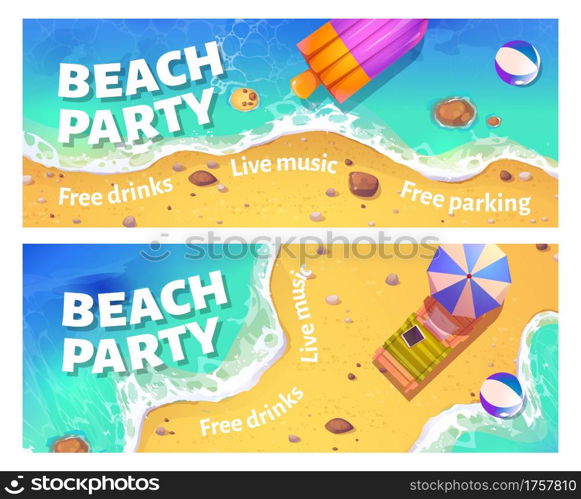 Beach party cartoon flyer with woman floating in ocean on inflatable ring top view. Invitation card or poster for summe rtime vacation entertainment with free drinks and live music vector illustration. Beach party cartoon flyer with woman in ocean