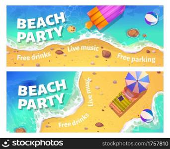 Beach party cartoon flyer with woman floating in ocean on inflatable ring top view. Invitation card or poster for summe rtime vacation entertainment with free drinks and live music vector illustration. Beach party cartoon flyer with woman in ocean