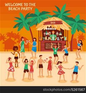 Beach Party Illustration. Beach party at sunset with bar and beverages cheerful people dancing on sand flat style vector illustration