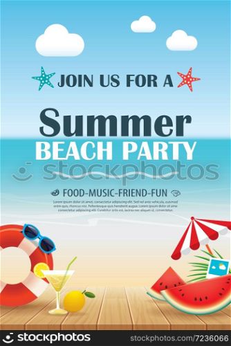Beach party invitation poster with vacation element wooden and blue water. Vector summer background.