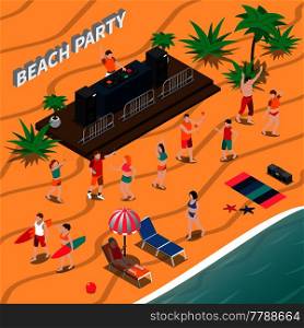 Beach party isometric composition with dj and music equipment, dancing people, loungers, umbrella, palm trees vector illustration. Beach Party Isometric Composition