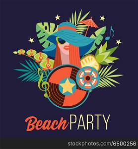 Beach party. Retro music. Vector illustration.. Beach retro party. Illustration in retro style. Beautiful girl with red hair in a blue hat and sunglasses on the background of palm trees. Near girls vinyl disc. Retro music accessories.