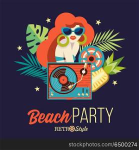 Beach party. Retro music. Vector illustration.. Beach retro party. Illustration in retro style. Beautiful girl with red hair in sunglasses on the background of palm trees. Near girls turntable vinyl records. Retro music accessories.