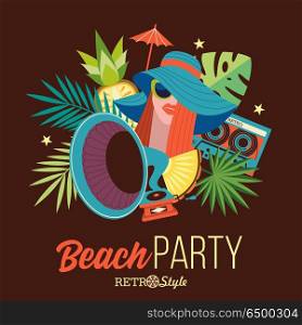 Beach party. Retro music. Vector illustration.. Beach retro party. Illustration in retro style. Beautiful girl with red hair in a blue hat and sunglasses on the background of palm trees. Near girls of the gramophone and the cassette. Retro music accessories.