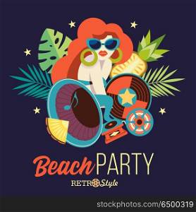 Beach party. Retro music. Vector illustration.. Beach retro party. Illustration in retro style. Beautiful girl with red hair in sunglasses on the background of palm trees. Around the girl gramophone, vinyl record, cassette. Retro music accessories.