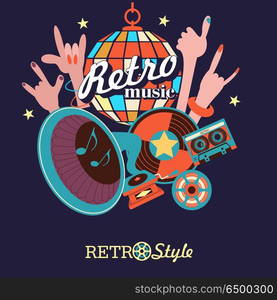 Beach party. Retro music. Vector illustration.. Retro music. Vector illustration. Night disco. People hands up dancing under the disco ball. Old musical instruments. Gramophone, cassette, vinyl.