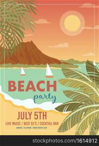 Beach party vintage poster invitation card template. Vector illustration.