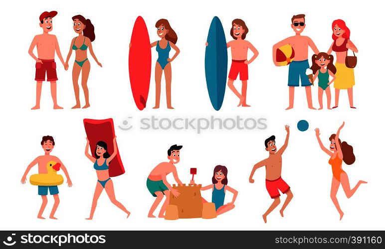 Beach people. Family holiday vacation, sunbathing on beach and happy friends summer fun. Traveler characters, swimmer surfboard tourism. Cartoon vector isolated icons illustration set. Beach people. Family holiday vacation, sunbathing on beach and happy friends summer fun cartoon vector illustration