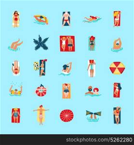Beach People Funny Flat Icons Collection. People swimming diving bathing tanning reading and checking smartphone on beach funny flat icons collection vector illustration