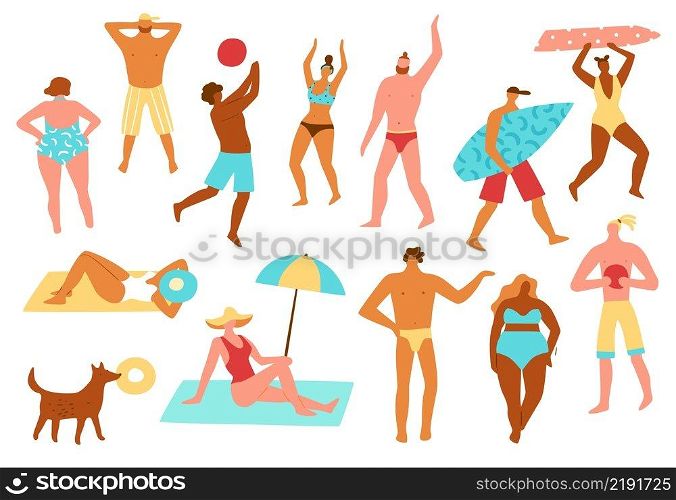 Beach people. Summer men or women in bikinis and swimming trunks. Happy characters with surfboards and hats. Sea sunbathing or relax. Persons play with ball and surfing. Vector set of seashore resort. Beach people. Summer men or women in bikinis and swimming trunks. Characters with surfboards and hats. Sunbathing or relax. Persons play with ball and surfing. Vector set of seashore resort