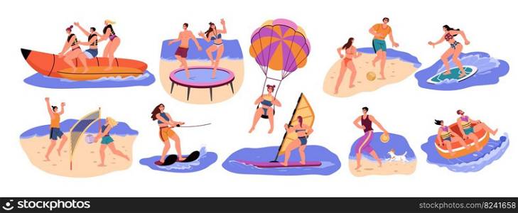 Beach people, summer sea activities, and frisbee. Friends game play, person swim in ocean, boys and girls leisure time, parachuting and surfing. Vector cartoon flat isolated characters. Beach people, summer sea activities, and frisbee. Friends game play, person swim in ocean, boys and girls leisure time, parachuting and surfing. Vector cartoon characters