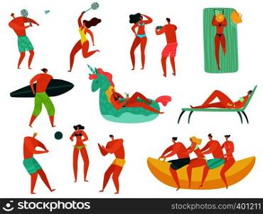 Beach people. Summer vacation sea ocean family relax playing sports people swimming sunbathing walking fun activity characters vector isolated set. Beach people. Summer vacation sea ocean family relax playing sports people swimming sunbathing walking fun characters vector isolated
