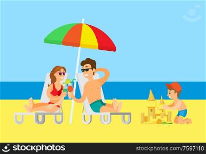 Beach relaxation vector, summer vacation, parents drinking cocktail with straws. Child building sand castle, summertime fun, man and woman under umbrella. Couple Drinking Cocktail and Kid Building Castle