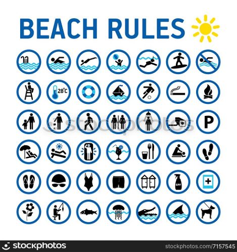 Beach rules icons set and sighns on white with desihn in circles.. Beach rules icons set and sighns on white with desihn in circles. Set of icons and symbol for prohibited items.