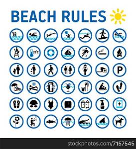 Beach rules icons set and sighns on white with desihn in circles.. Beach rules icons set and sighns on white with desihn in circles. Set of icons and symbol for prohibited items.