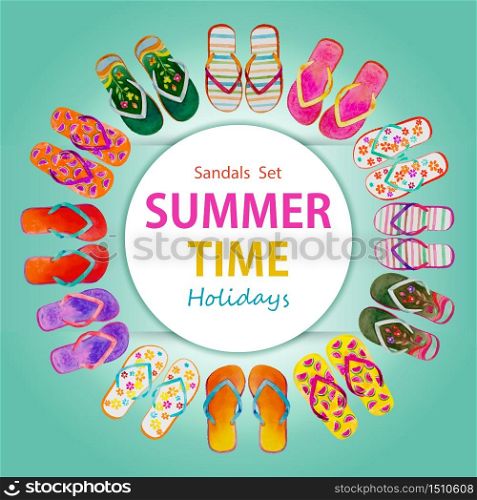 Beach sandals for summer holiday, Flip set of colorful isolated on blue background. Watercolor painting illustration collection of trendy design and stylish, Hand drawn, Vector watercolor style.