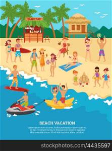 Beach scene flat. Summer beach vacation scene with flat people silhouettes vector illustration